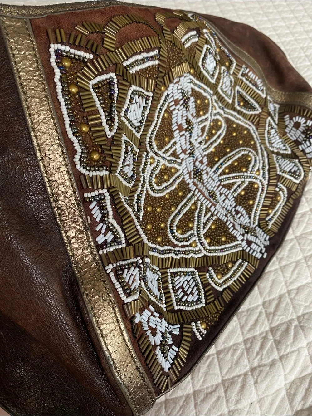 Isabella Fiore VTG Beaded Leather Hobo Shoulder Bag Brown Boho Metallic Art Deco